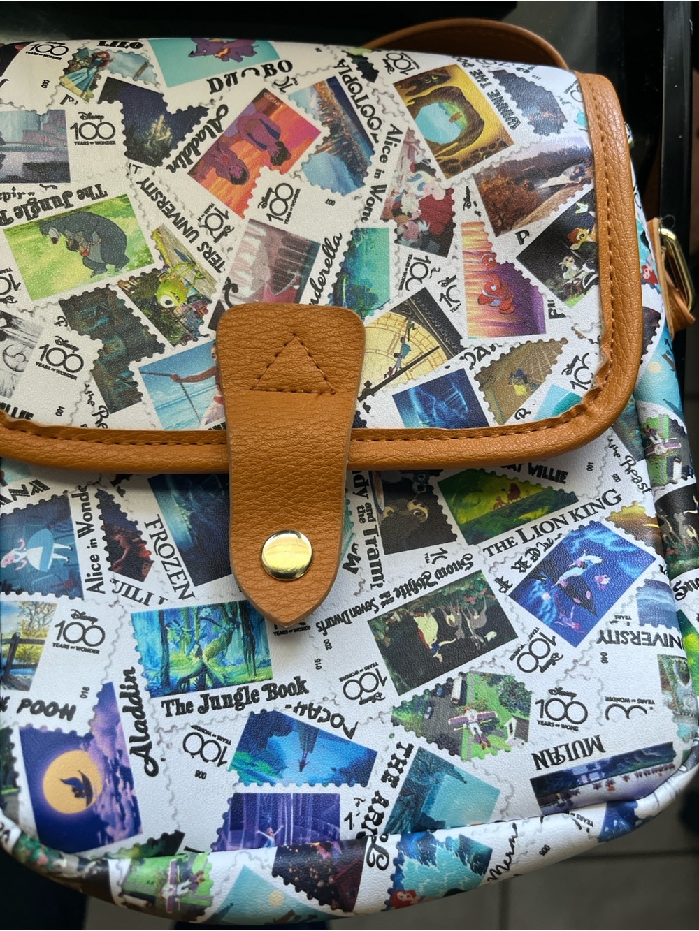 Disney Multicolor Stamp-Print Crossbody Bag with Tan Trim
